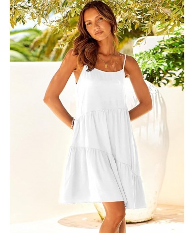 Women's Summer Casual Dress Adjustable Spaghetti Strap Beach Cover Up Tank Mini Dresses White $13.49 Swimsuits