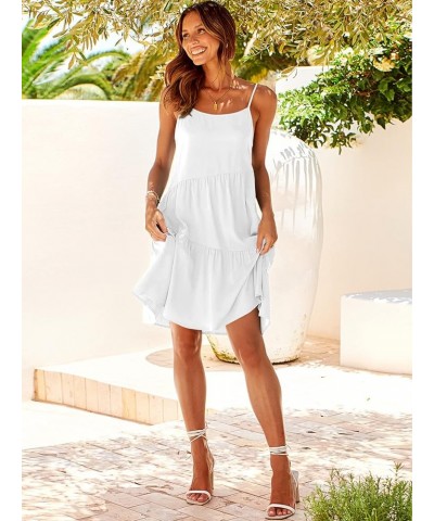 Women's Summer Casual Dress Adjustable Spaghetti Strap Beach Cover Up Tank Mini Dresses White $13.49 Swimsuits