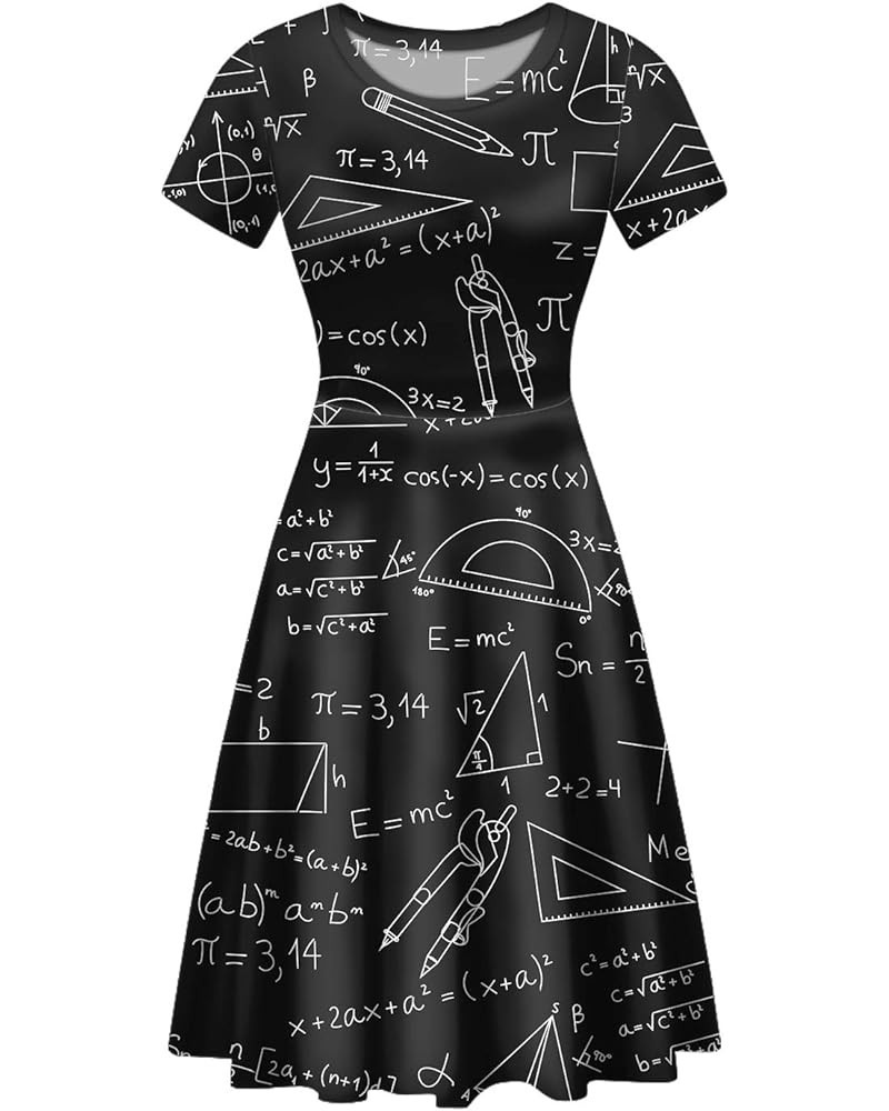 Women Puffy Swing Elegant Party Midi Dresses Short Sleeve Round Neck A-Line Dress Math Formula $14.95 Dresses