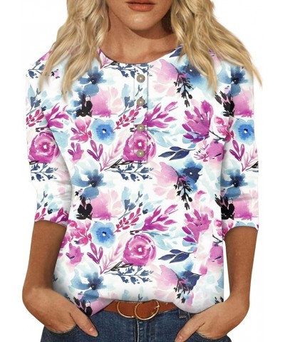 3/4 Length Sleeve Womens Tops, Casual Button Down Crewneck Floral Print Shirts 2024 Spring Fashion Dressy Blouses A-purple $1...