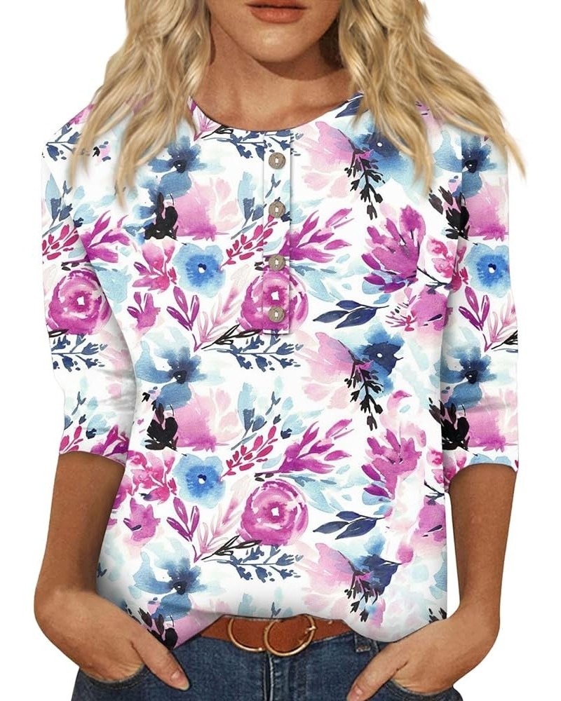 3/4 Length Sleeve Womens Tops, Casual Button Down Crewneck Floral Print Shirts 2024 Spring Fashion Dressy Blouses A-purple $1...