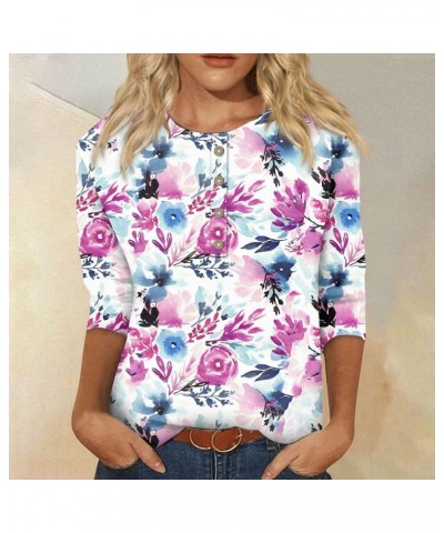 3/4 Length Sleeve Womens Tops, Casual Button Down Crewneck Floral Print Shirts 2024 Spring Fashion Dressy Blouses A-purple $1...