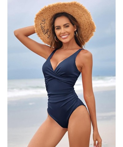 Women's V Neck One Piece Swimsuits Cheeky Tummy Control Front Twist Bathing Suits Monokini Ruched Ribbed Swimwear Blue $17.33...