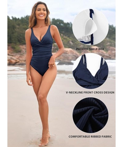 Women's V Neck One Piece Swimsuits Cheeky Tummy Control Front Twist Bathing Suits Monokini Ruched Ribbed Swimwear Blue $17.33...