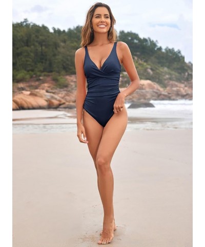 Women's V Neck One Piece Swimsuits Cheeky Tummy Control Front Twist Bathing Suits Monokini Ruched Ribbed Swimwear Blue $17.33...