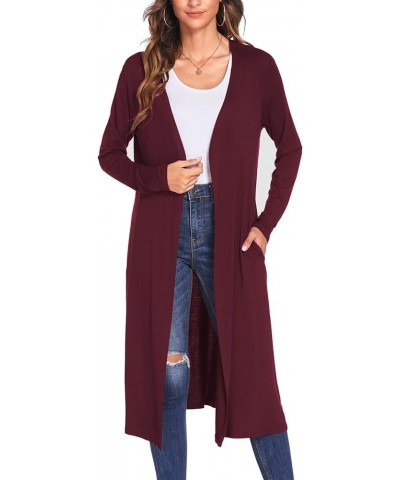 Women Plus Size Long Open Front Drape Maxi Cardigan Lightweight Duster Long Sleeve Cardigan Fall (S-4XL) Wine Red With Pocket...