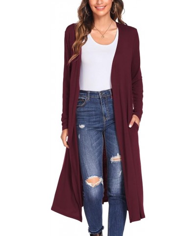 Women Plus Size Long Open Front Drape Maxi Cardigan Lightweight Duster Long Sleeve Cardigan Fall (S-4XL) Wine Red With Pocket...