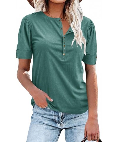 Women's Button Up Short Sleeve T Shirt Round Neck Solid Casual Tunic Shirts Green $9.52 Tops