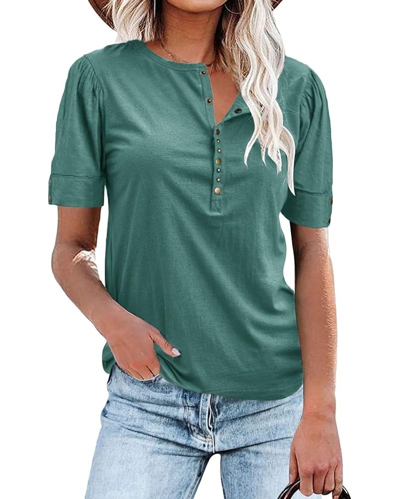 Women's Button Up Short Sleeve T Shirt Round Neck Solid Casual Tunic Shirts Green $9.52 Tops