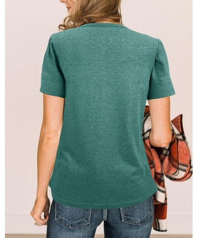 Women's Button Up Short Sleeve T Shirt Round Neck Solid Casual Tunic Shirts Green $9.52 Tops