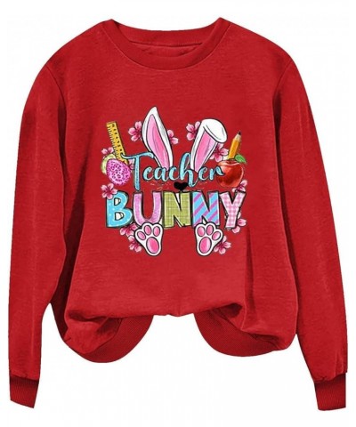 Easter Sweatshirts for Women Cute Funny Easter Shirts Rabbit Graphic Crewneck Sweatshirts Loose Workout Tops Trendy A09 Red $...