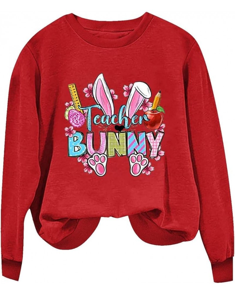 Easter Sweatshirts for Women Cute Funny Easter Shirts Rabbit Graphic Crewneck Sweatshirts Loose Workout Tops Trendy A09 Red $...