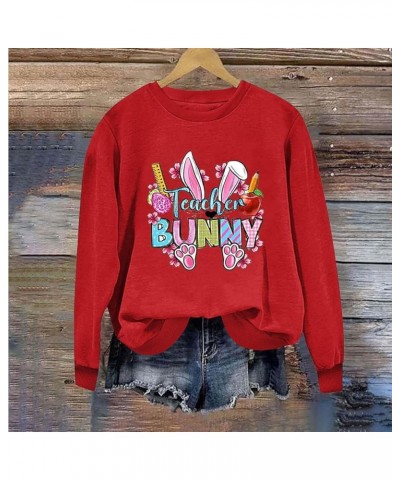 Easter Sweatshirts for Women Cute Funny Easter Shirts Rabbit Graphic Crewneck Sweatshirts Loose Workout Tops Trendy A09 Red $...