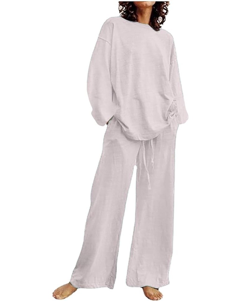 Vacation Outfits Womens Casual 2 Piece Long Sleeve Tops Wide Leg Pants Athletic Sets Loose Fall Comfy Cotton Linen White $12....