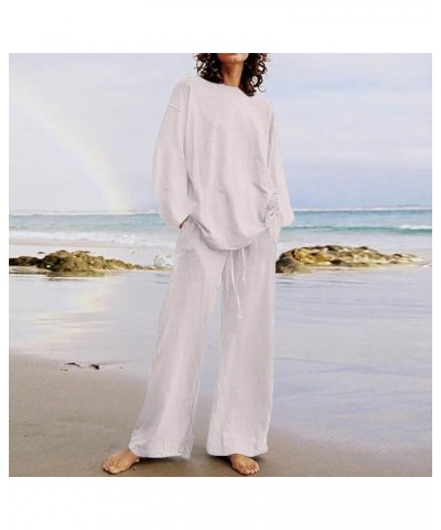 Vacation Outfits Womens Casual 2 Piece Long Sleeve Tops Wide Leg Pants Athletic Sets Loose Fall Comfy Cotton Linen White $12....