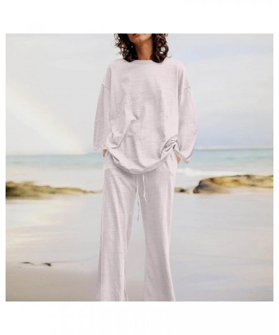 Vacation Outfits Womens Casual 2 Piece Long Sleeve Tops Wide Leg Pants Athletic Sets Loose Fall Comfy Cotton Linen White $12....