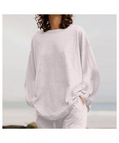 Vacation Outfits Womens Casual 2 Piece Long Sleeve Tops Wide Leg Pants Athletic Sets Loose Fall Comfy Cotton Linen White $12....