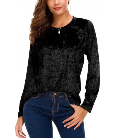 Women's Vintage Velvet T-Shirt Casual Long Sleeve Top Black $12.93 Activewear