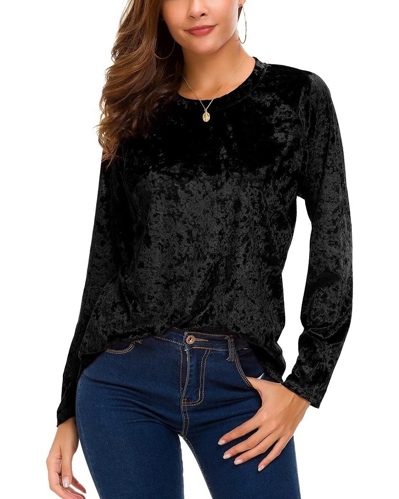 Women's Vintage Velvet T-Shirt Casual Long Sleeve Top Black $12.93 Activewear