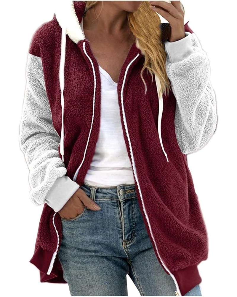 Winter Jackets for Women Fuzzy Fleece Hooded Coats Color Block Full Zip Sherpa Jackets Reversible Fleece Coats 21wine $10.14 ...