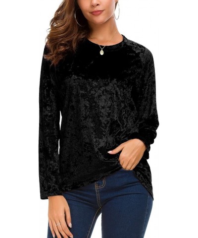 Women's Vintage Velvet T-Shirt Casual Long Sleeve Top Black $12.93 Activewear