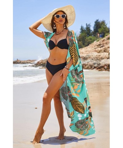 Women's Swimsuit Beach Cover Up Tie Dye Open Front Long Kimono Bikini Beachwear Bathing Suit Coverups with Belt Green Floral ...