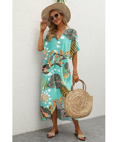 Women's Swimsuit Beach Cover Up Tie Dye Open Front Long Kimono Bikini Beachwear Bathing Suit Coverups with Belt Green Floral ...