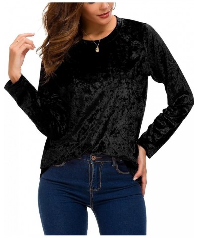 Women's Vintage Velvet T-Shirt Casual Long Sleeve Top Black $12.93 Activewear