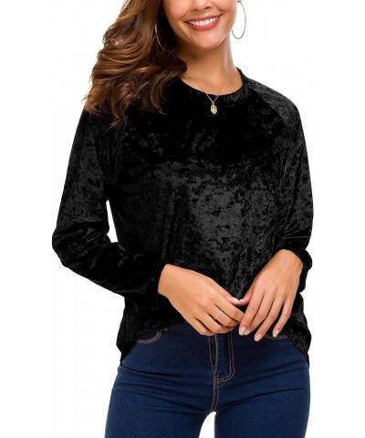 Women's Vintage Velvet T-Shirt Casual Long Sleeve Top Black $12.93 Activewear