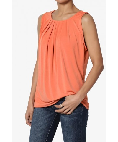 Women's S~3X Sleeveless Pleated O Crew Neck Tank Top Essential Stretch Blouse Ash Copper $9.67 Tanks