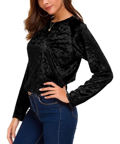 Women's Vintage Velvet T-Shirt Casual Long Sleeve Top Black $12.93 Activewear