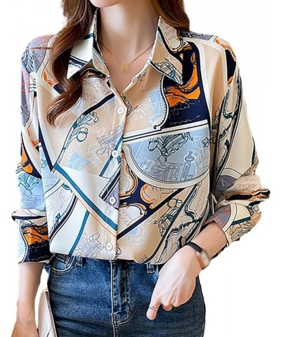 Women's Vintage Horse Print Long Sleeve Button Down Shirts DD637 Blue $14.39 Blouses