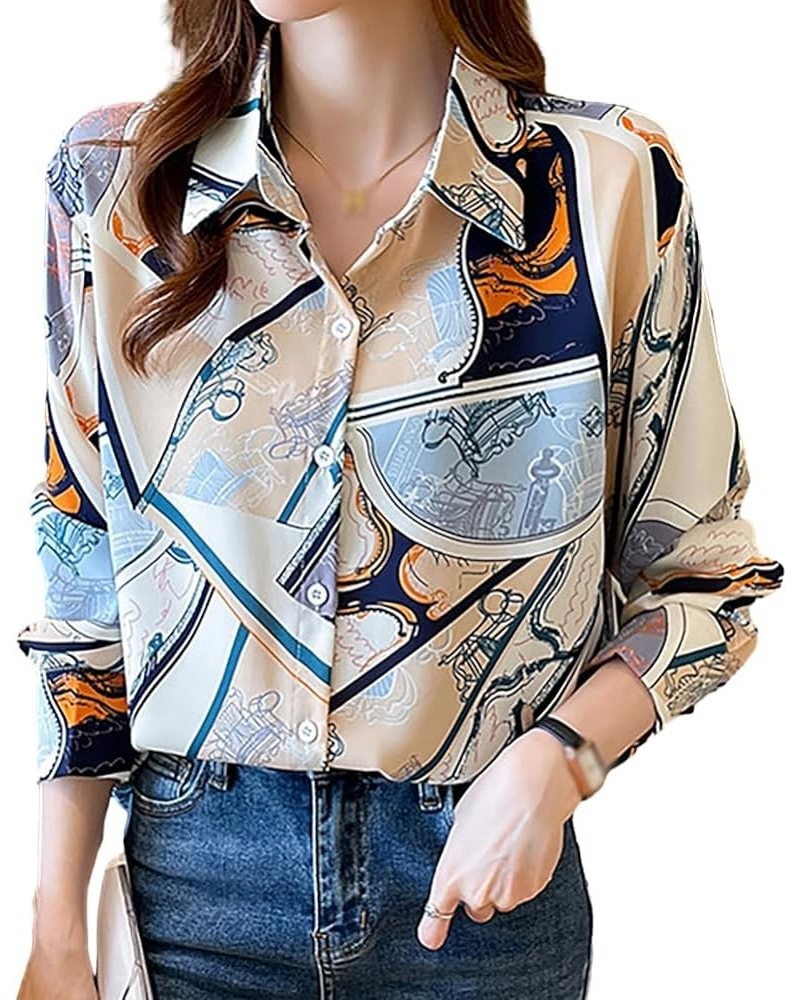 Women's Vintage Horse Print Long Sleeve Button Down Shirts DD637 Blue $14.39 Blouses