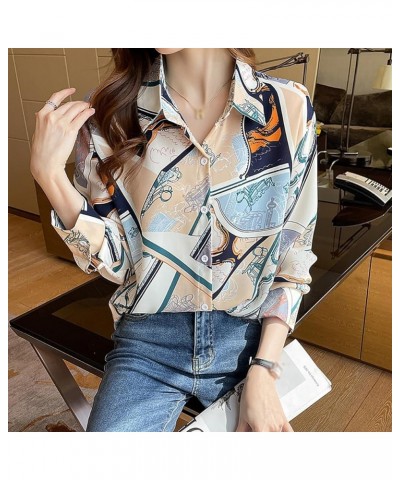 Women's Vintage Horse Print Long Sleeve Button Down Shirts DD637 Blue $14.39 Blouses