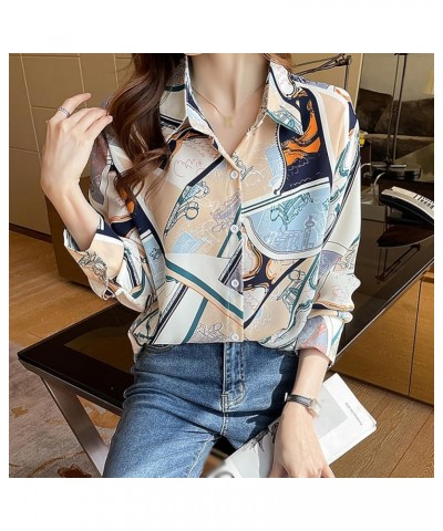 Women's Vintage Horse Print Long Sleeve Button Down Shirts DD637 Blue $14.39 Blouses