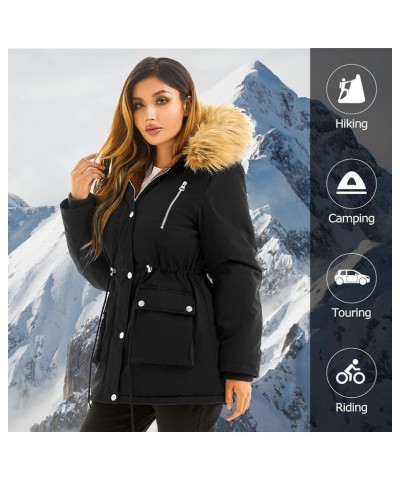 Womens Winter Water-reprllent Coat Thicken Puffer Jacket Warm Fleece Lined Parka With Fur Hood Coat Black $33.19 Jackets