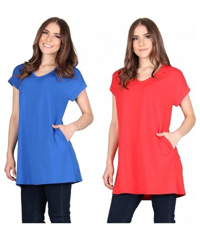 Women's Solid Short Sleeve Pocket Swing Tunic, Loose Casual Stretchable Pullover Royal Blue/Red $15.07 Tops