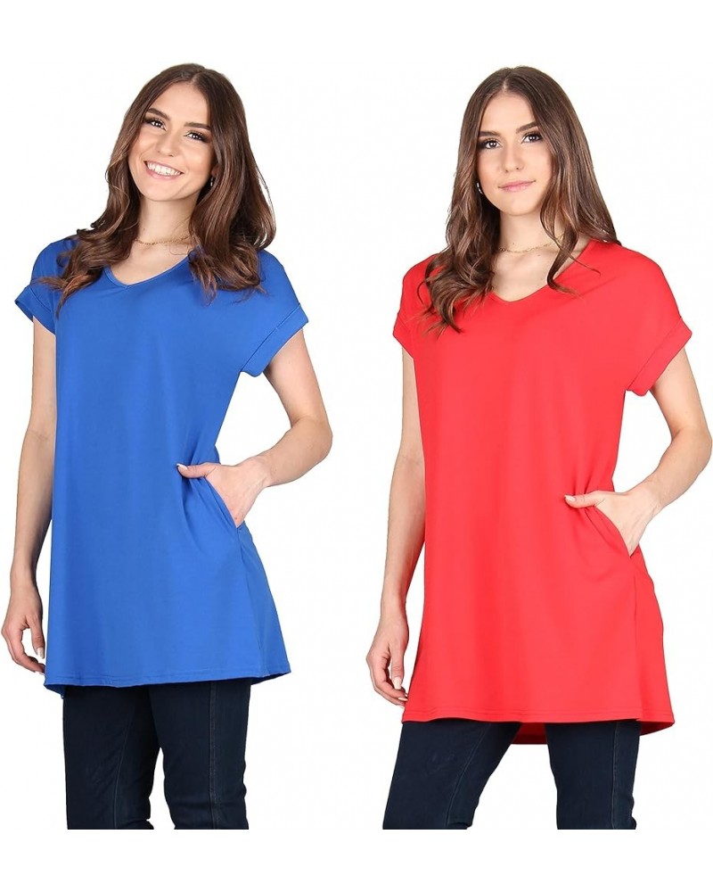 Women's Solid Short Sleeve Pocket Swing Tunic, Loose Casual Stretchable Pullover Royal Blue/Red $15.07 Tops