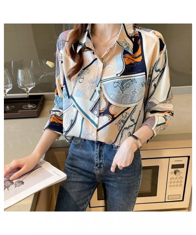 Women's Vintage Horse Print Long Sleeve Button Down Shirts DD637 Blue $14.39 Blouses