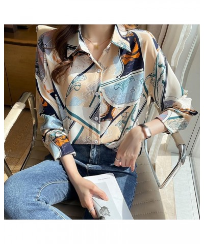 Women's Vintage Horse Print Long Sleeve Button Down Shirts DD637 Blue $14.39 Blouses