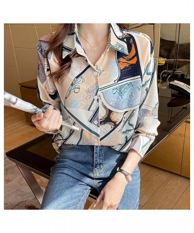 Women's Vintage Horse Print Long Sleeve Button Down Shirts DD637 Blue $14.39 Blouses