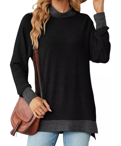 Womens Crewneck Pullovers Color Block Long Sleeve Side Split Tunic Tops Z01_black $16.78 Tops