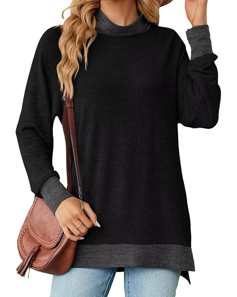 Womens Crewneck Pullovers Color Block Long Sleeve Side Split Tunic Tops Z01_black $16.78 Tops