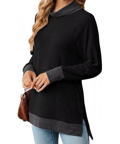 Womens Crewneck Pullovers Color Block Long Sleeve Side Split Tunic Tops Z01_black $16.78 Tops