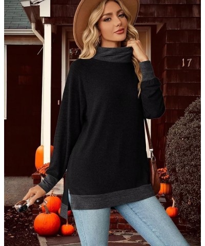 Womens Crewneck Pullovers Color Block Long Sleeve Side Split Tunic Tops Z01_black $16.78 Tops