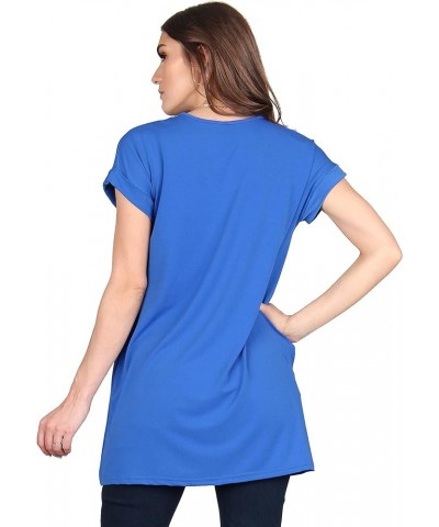 Women's Solid Short Sleeve Pocket Swing Tunic, Loose Casual Stretchable Pullover Royal Blue/Red $15.07 Tops