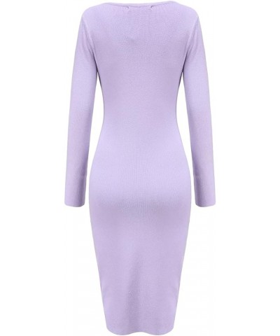 Women's Knee Length Long Sleeve Knitted Ribbed Screw Neck Bodycon Winter Sweater Dresses 2616 Purple $18.01 Dresses