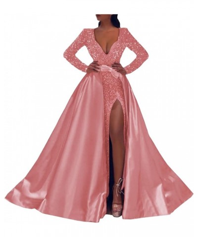 Long Sleeve Sequin Prom Dress V Neck Satin Split Ball Gown with Detachable Train Formal Evening Dress for Women Coral $40.28 ...