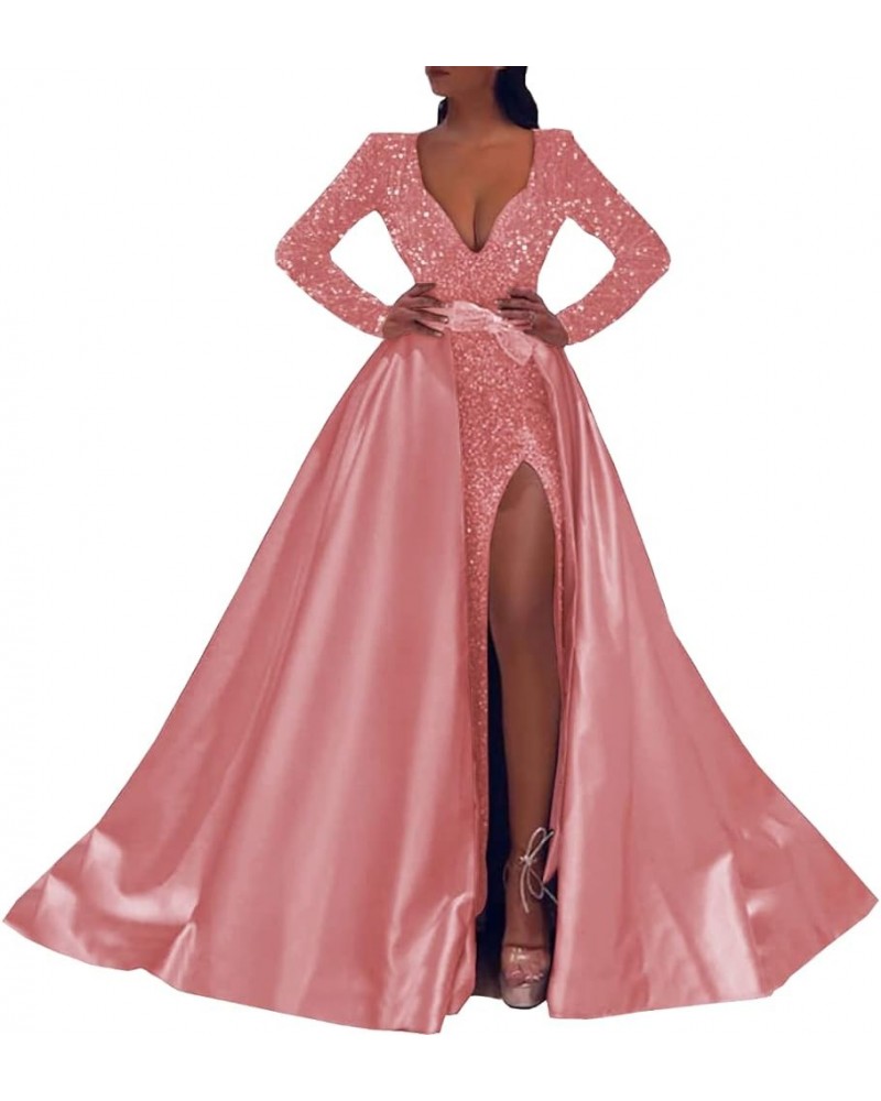 Long Sleeve Sequin Prom Dress V Neck Satin Split Ball Gown with Detachable Train Formal Evening Dress for Women Coral $40.28 ...