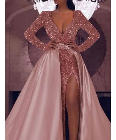 Long Sleeve Sequin Prom Dress V Neck Satin Split Ball Gown with Detachable Train Formal Evening Dress for Women Coral $40.28 ...